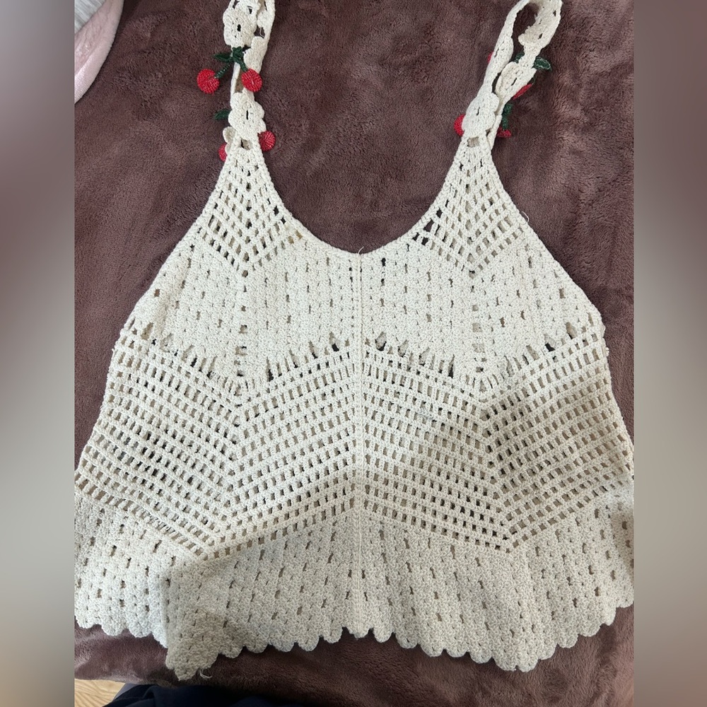 Rebellion White Crochet Tank Top with Red Cherry Accents - Picture 5 of 5